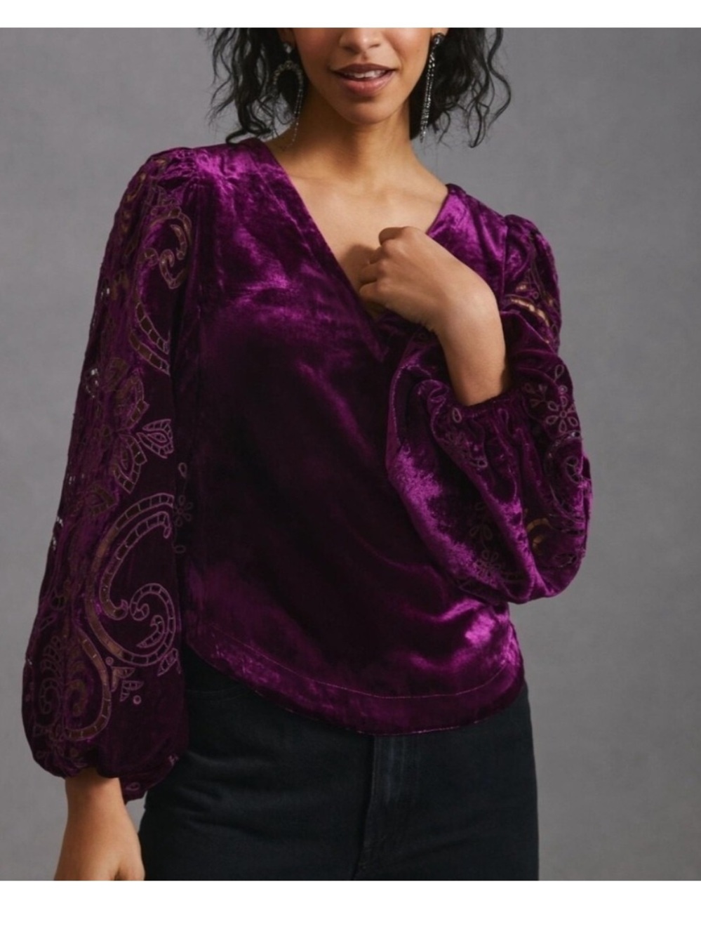 purple Anthropologie Velvet Cutwork Top with long sleeves XS